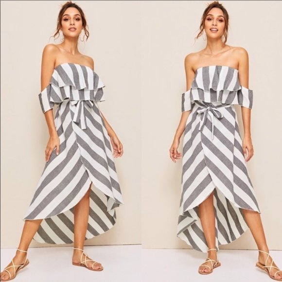 Dresses & Skirts - Gray/White Ruffle High-Low Flounce Dress L/8/10/12